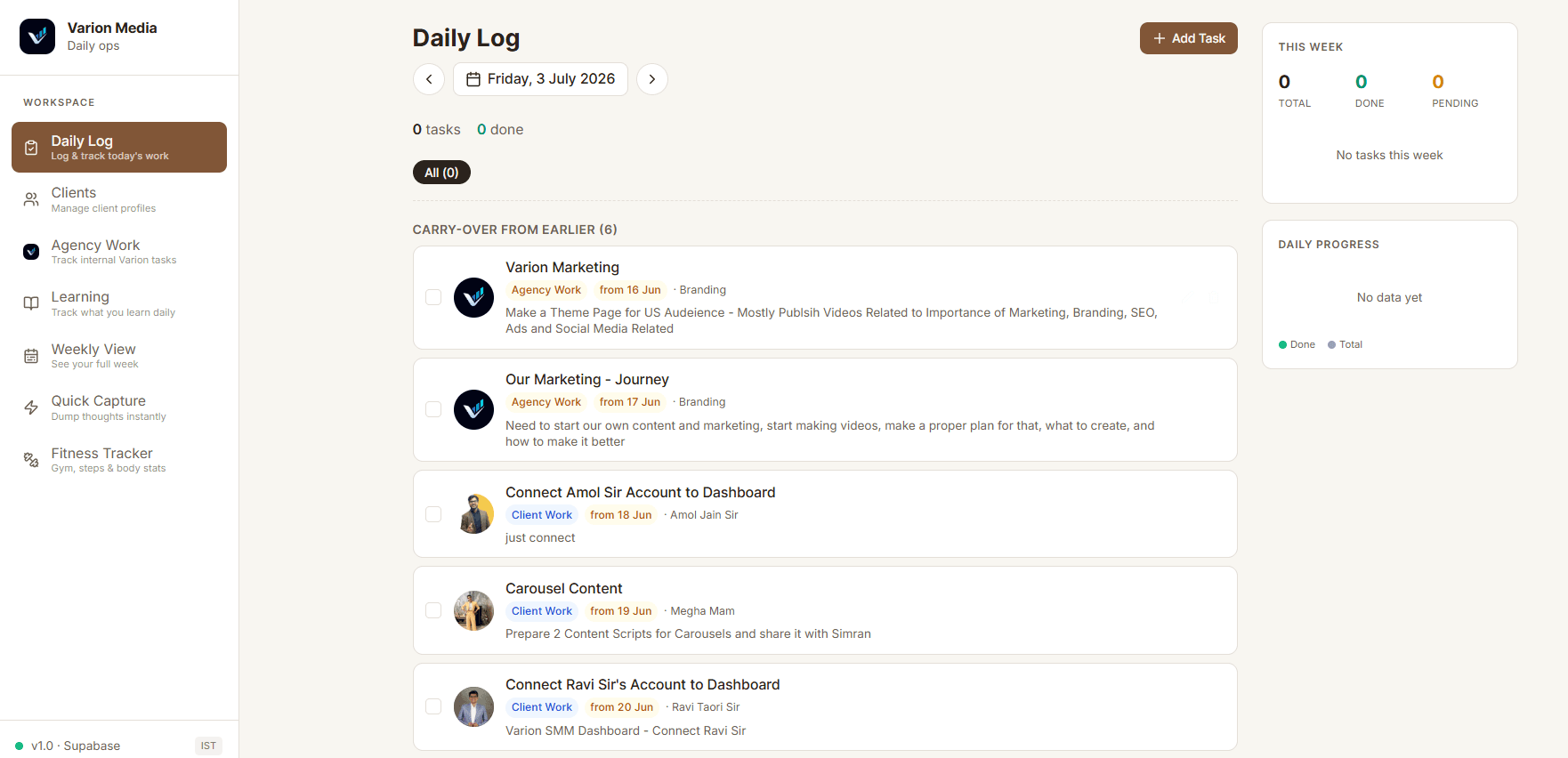 Daily tasks & team management dashboard