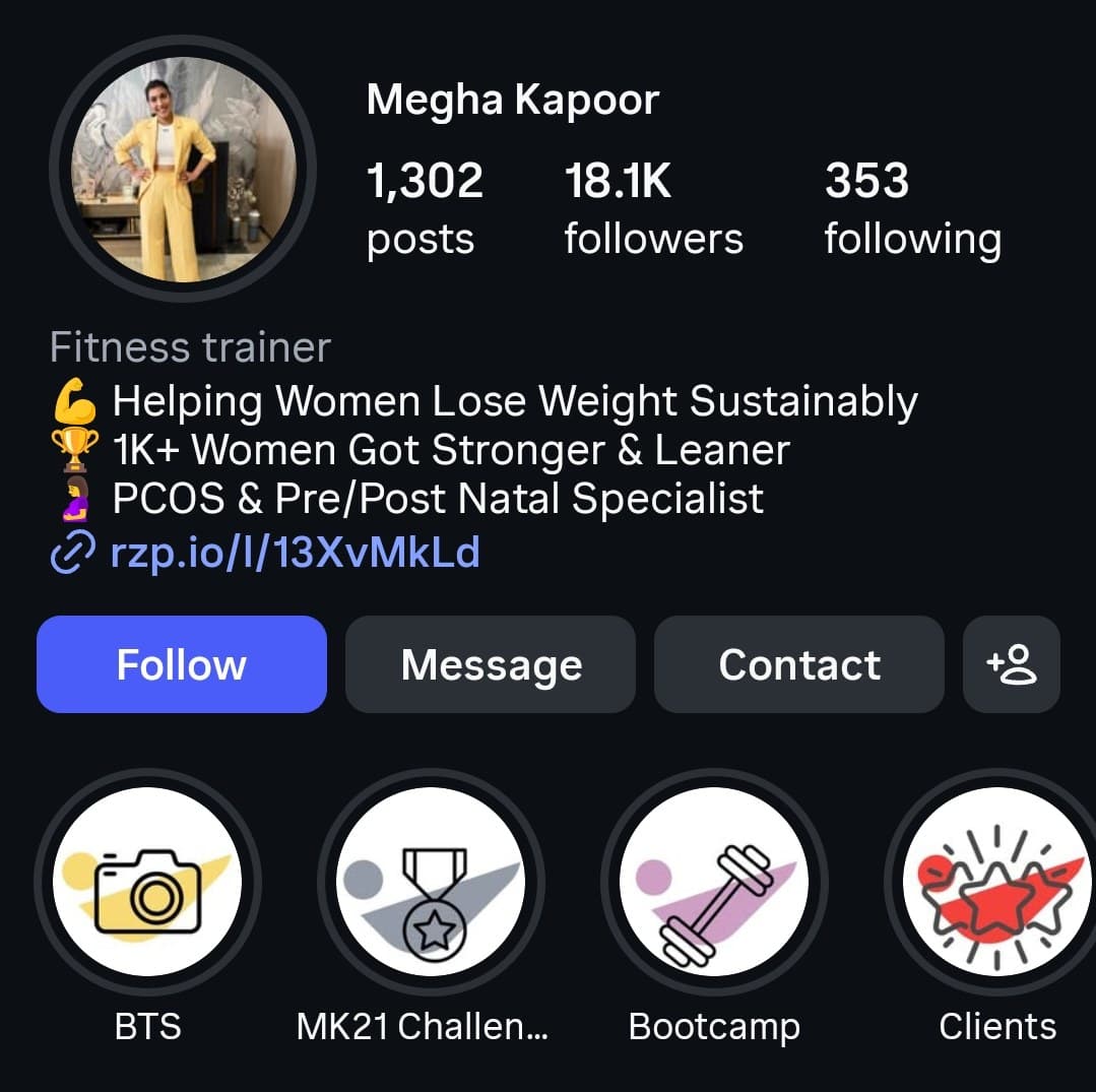 Megha Kapoor's Instagram profile